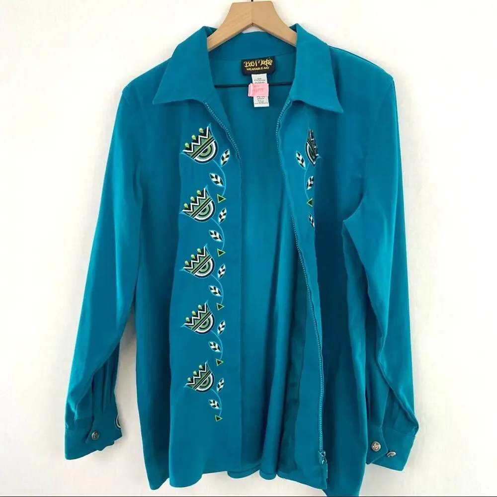 Bob Mackie L Wearable Art Teal Embroidered Floral Zip Lightweight Jacket